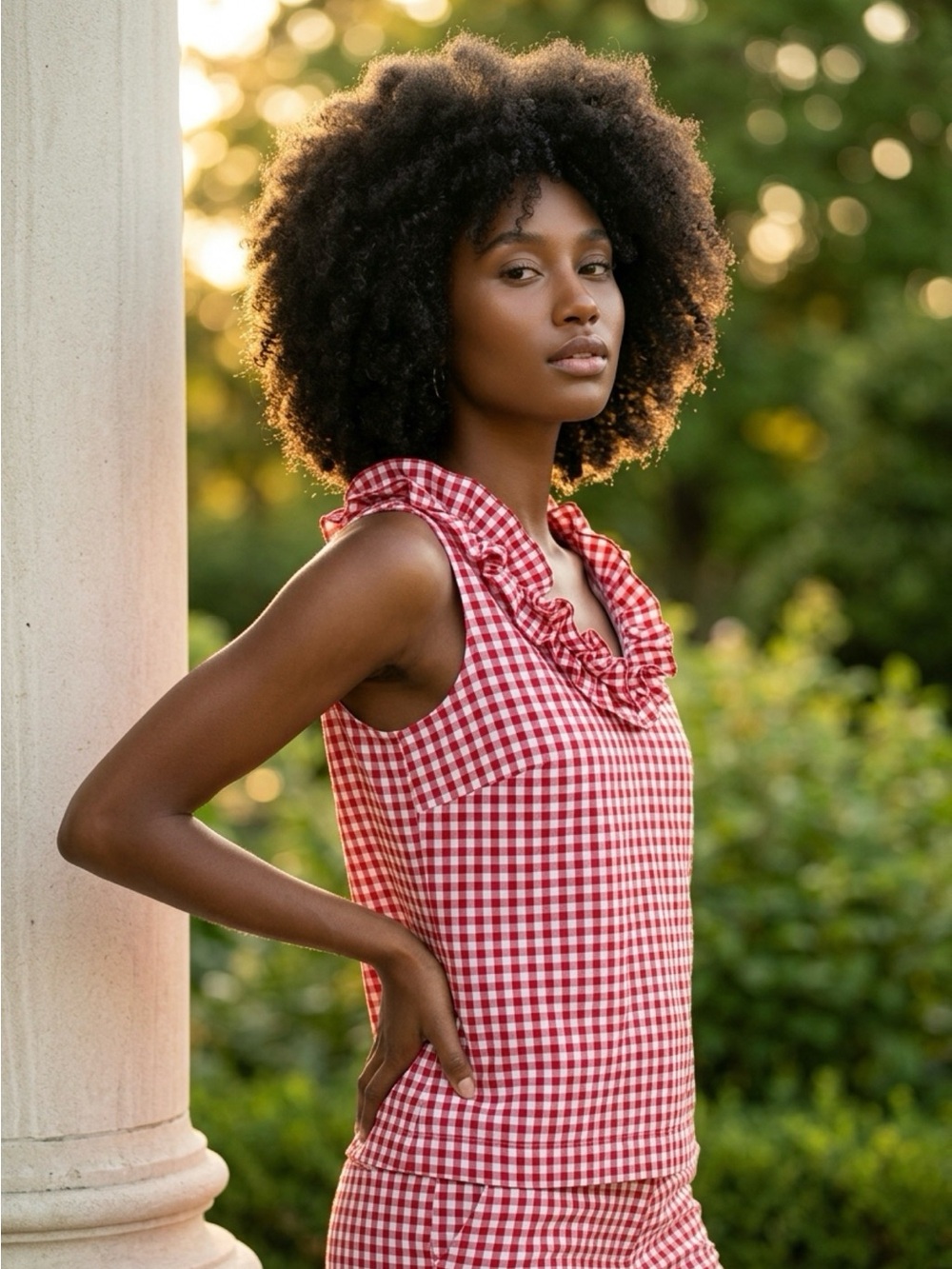 Elizabeth Wilson Red Gingham Ruffle Neck Sleeveless Tank Top